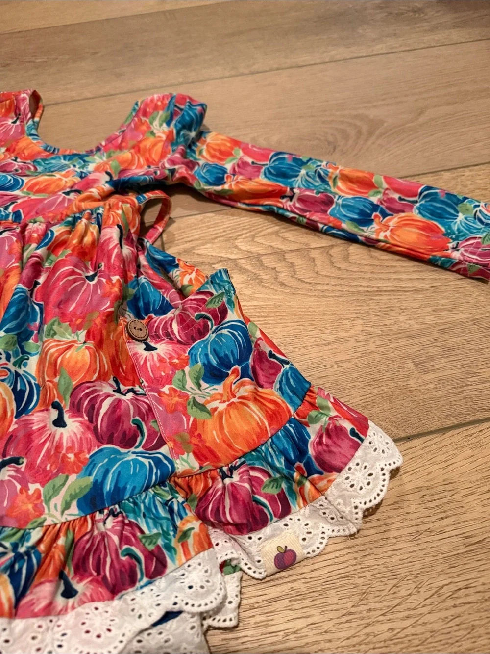 cheeky plum Multicolor Pumpkin-Print Long Sleeve Dress with Lace Trim